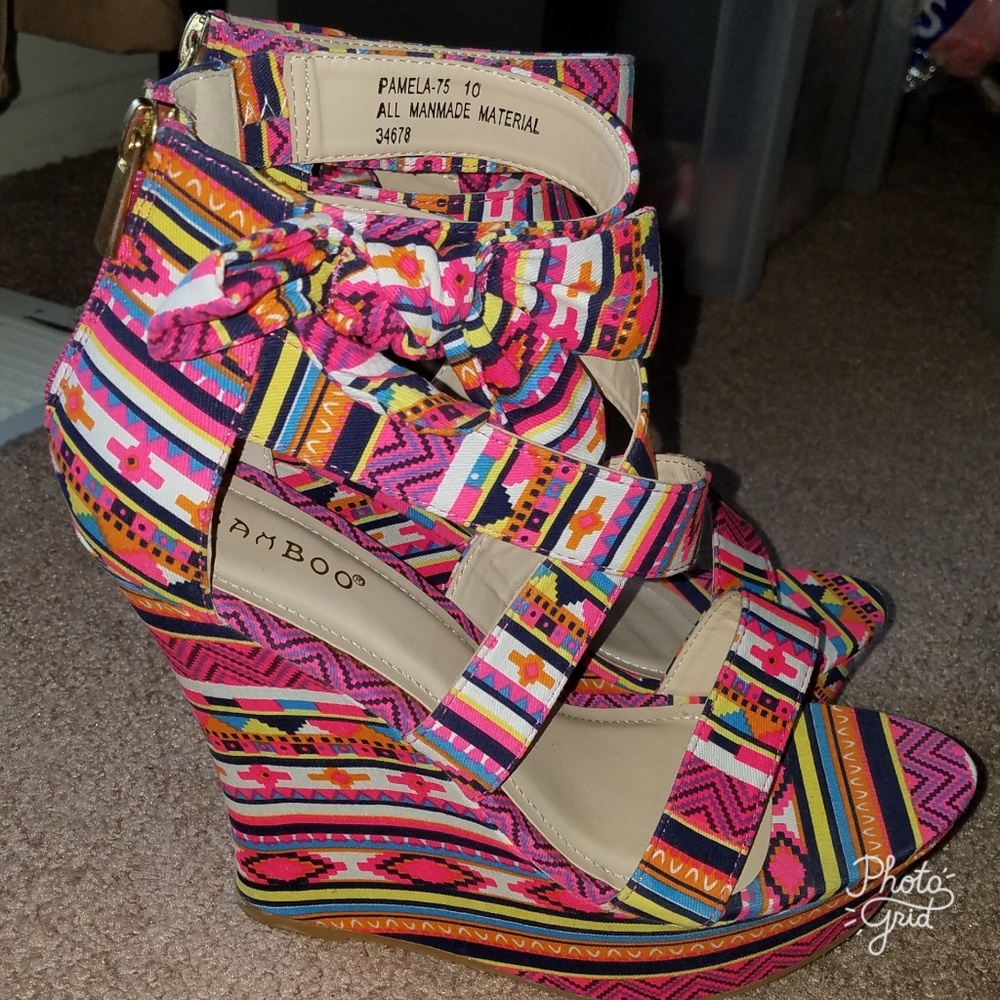 Fashion neon Aztec wedge platform sandals